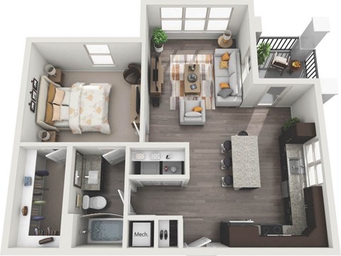 Floor plan for 1 bed, 1 bath, 773 sqft